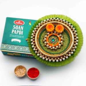 Green Handmade Bhai Dooj Thaali with Sweets