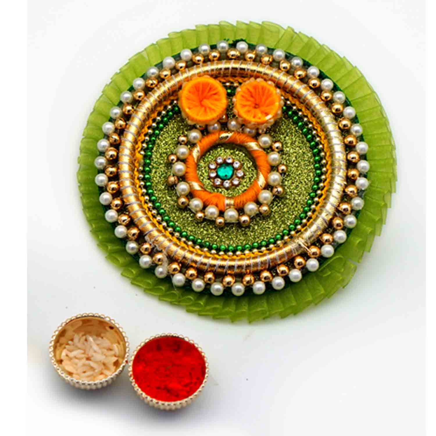 Green Handmade Bhaidooj Thaali with Sweets