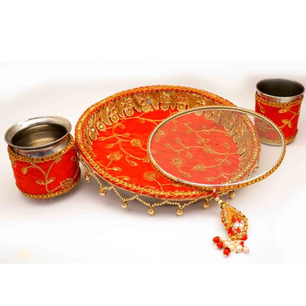 Fancy Golden-Red Karwa Chauth Set