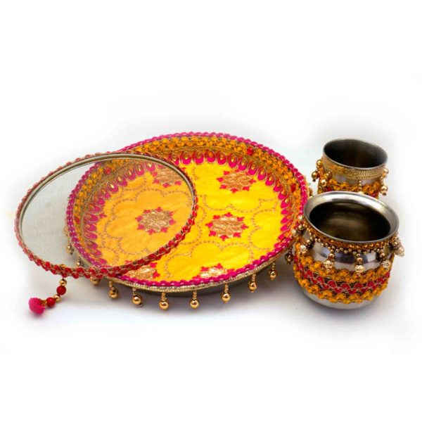 Floral Embossed Red-Yellow Karwachauth Thaal