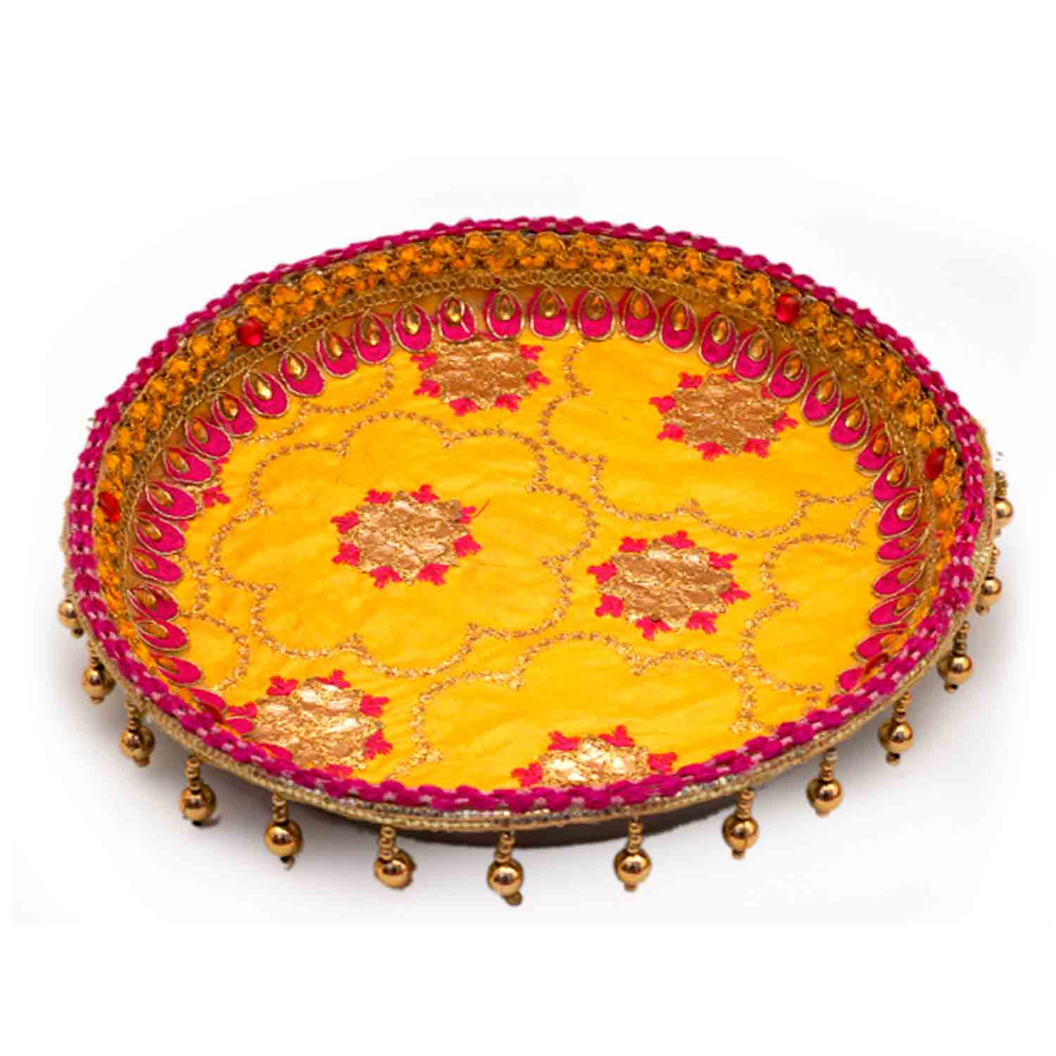 Floral Embossed Red-Yellow Karwachauth Thaal