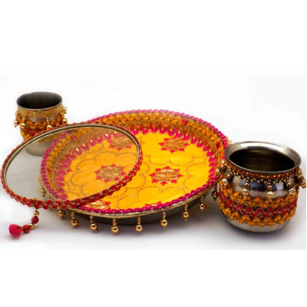 Floral Embossed Red-Yellow Karwachauth Thaal - Image 3