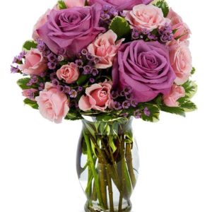 Momentous Florets Bouquet with Purple Roses, Pink Spray Roses & Pink Wax Flowers