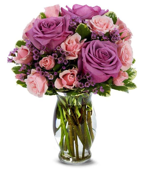 Momentous Florets Bouquet with Purple Roses, Pink Spray Roses & Pink Wax Flowers