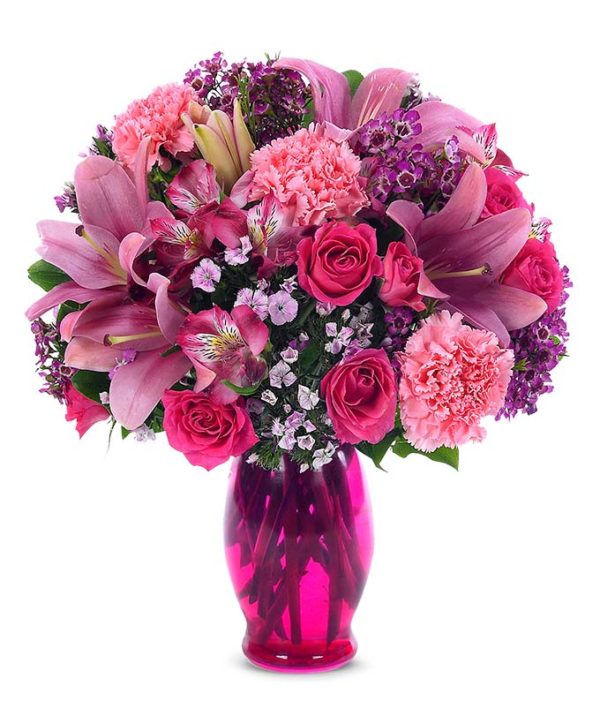 The Rose’ Sepals Bouquet flourished with Pink Lilies, Pink Spray Roses, Pink Carnations & Alstroemeria