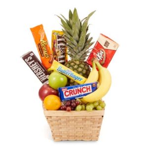 Double Bliss - A Gift Basket with Seasonal Fresh Fruits & Chocolate Candies