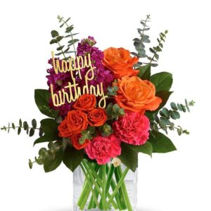 Birthday Blossoms Bouquet with colourful flowers & a birthday tag in it