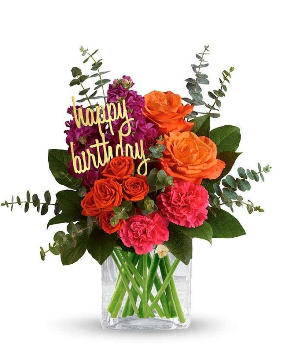 Birthday Blossoms Bouquet with colourful flowers & a birthday tag in it