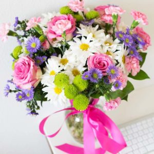 Cool Florets Bouquet with Pink Spray Roses, White Daisies, Green Button Poms, Purple Monte Casino & Limonium