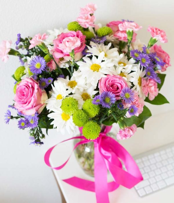 Cool Florets Bouquet with Pink Spray Roses, White Daisies, Green Button Poms, Purple Monte Casino & Limonium