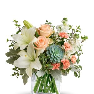 Vintage Peach Blossoms bouquet with Peach roses surrounded by white lilies, peach carnations and greenery