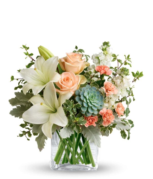Vintage Peach Blossoms bouquet with Peach roses surrounded by white lilies, peach carnations and greenery