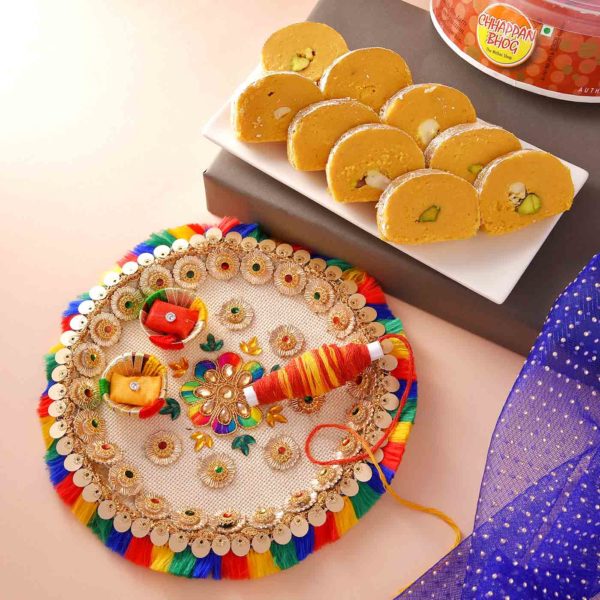 Bhaidooj Hamper Pooja Thali With Chappan Bhog Batisha Slice