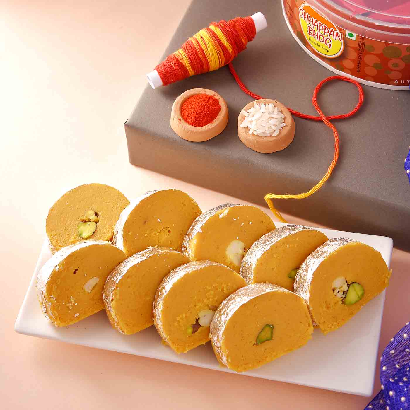 Bhaidooj Hamper Pooja Thali With Chappan Bhog Batisha Slice