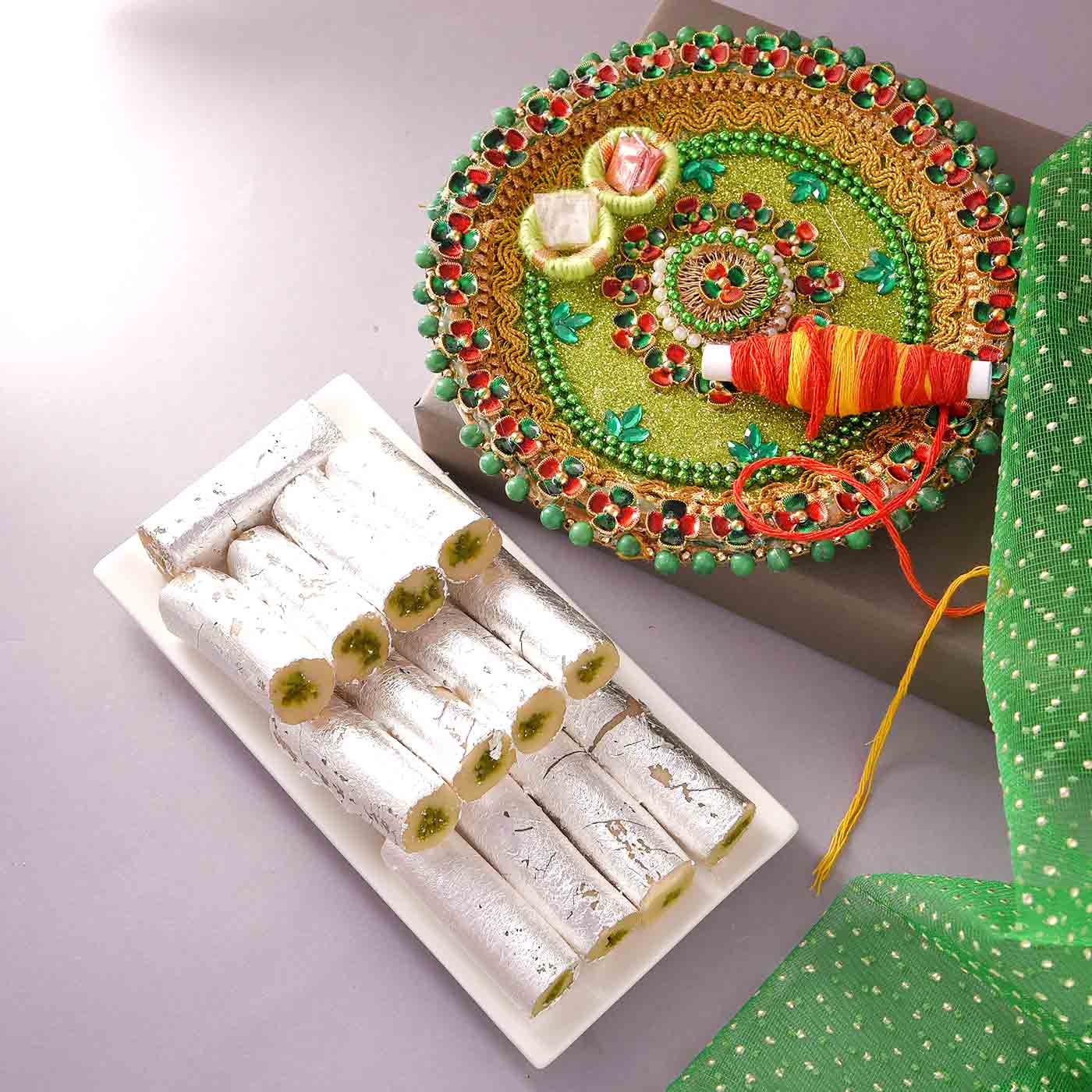Bhaidooj Hamper  Pooja Thali With Chappan Bhog Pista Roll
