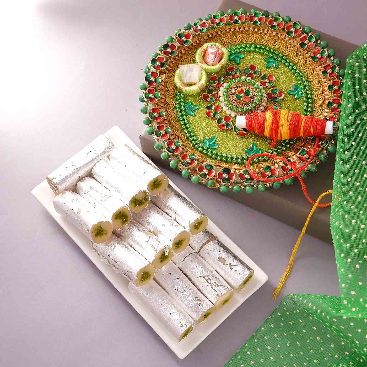 Bhaidooj Hamper  Pooja Thali With Chappan Bhog Pista Roll