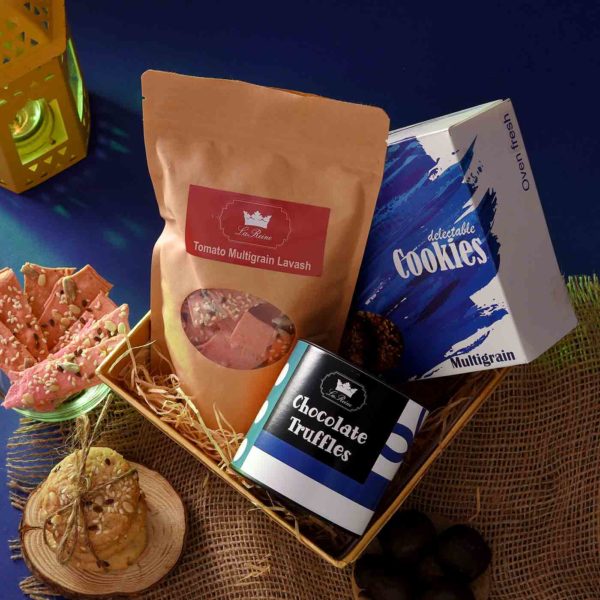 Handcrafted Tray of Health comprises Tomato Multigrain Lavash , Multigrain Cookies , Handmade Chocolate Truffles Can