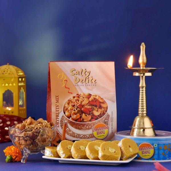Kerala Deep Sweet & Salty Hamper include Brass Kerala Deep, Chappan Bhog Salty Delight Dry Fruit Mix & Chappan Bhog Batisha Slice