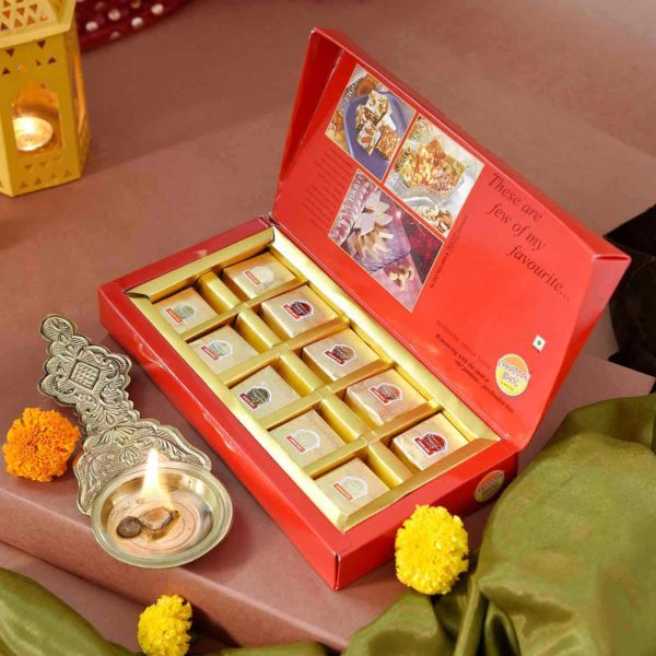 Kapoor Arti & Mewa Bites Hamper with Brass Kapoor Arti & Chappan Bhog Mewa Bites