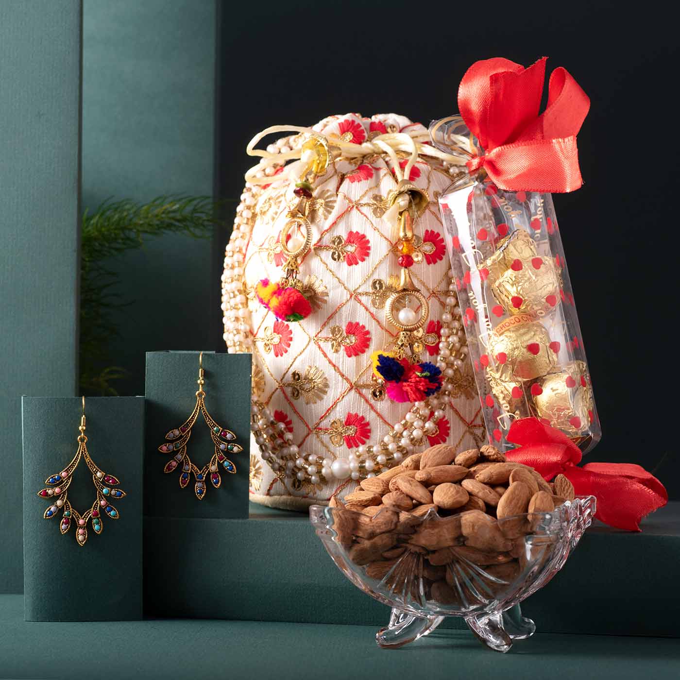 Stylish Karwachauth Potli Earring Gourmet Hamper