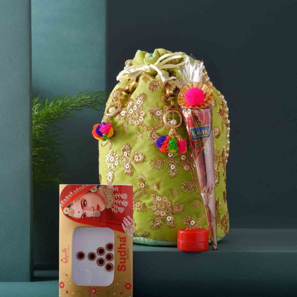 Traditional Karwachauth Embroidered Potli-Shringar Goodies & Dryfruits Hamper - Image 6