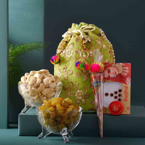 Traditional Karwachauth Embroidered Potli-Shringar Goodies & Dryfruits Hamper