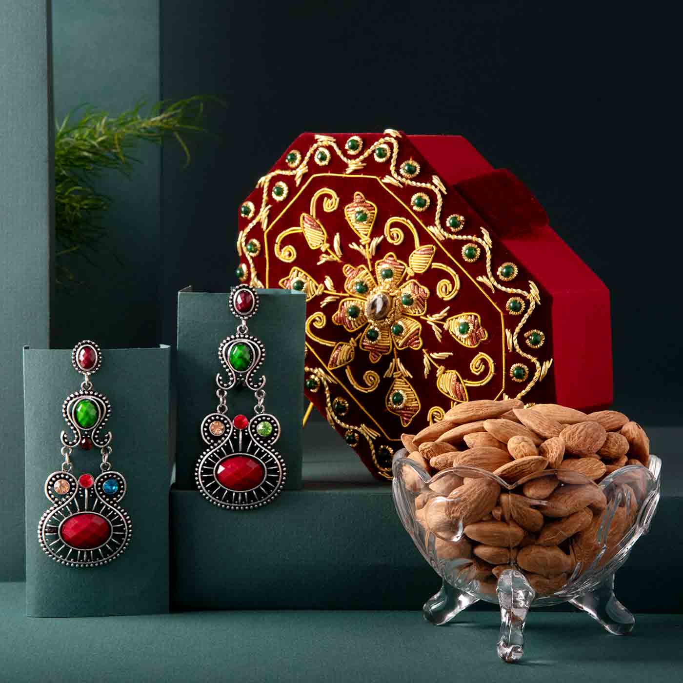 Embroidered Zari Jewellery Box,Jewellery  , Almonds Trio Hamper