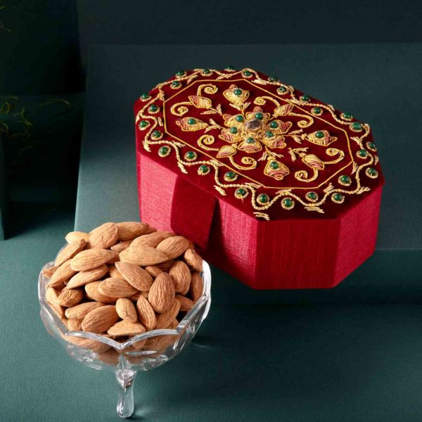 Embroidered Zari Jewellery Box,Jewellery  , Almonds Trio Hamper - Image 4