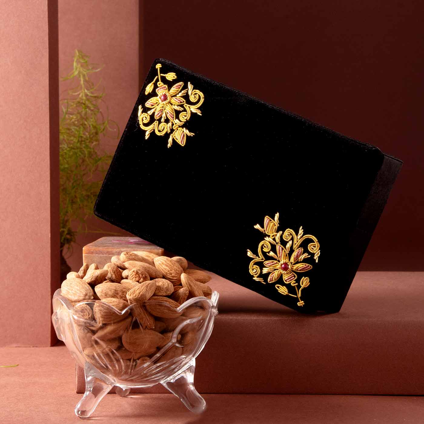 Hand Embroidered Zari Jewellery Box  & Premium Almonds Duo