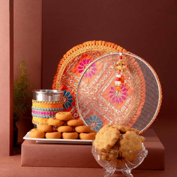 Karwachauth Thali Set, Kesar Peda & Mathri Hamper
