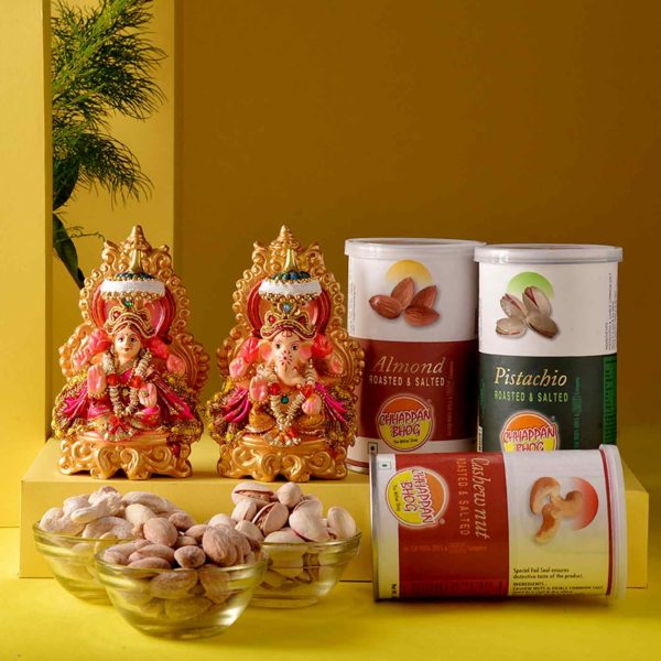 This hamper includes Handmade Lakshmi Ganesha Idol, Pistachios Can, Cashew Nuts Can & Almonds Can