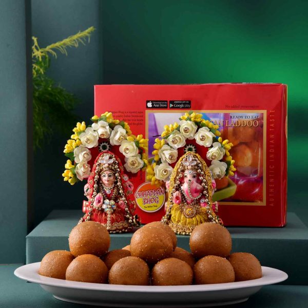 This hamper includes Handmade Lakshmi Ganesha Idol & Chappan Bhog Besan Ladoo