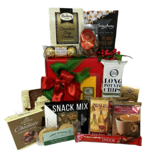 Corporate Festive Box Small contains Funky Chunky Popcorn, Chocolate Chip Cookies, 2 x Lady Walton Amaretto wafers, Unna’s single pack of Cookies, & other things in it