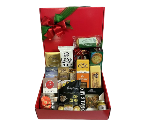 Corporate Festive Box contains Elki Spring Onion crackers, Gilman Swiss Cheese bar, Q’s Nuts Maple Bourbon Pecan shown, Ferrero Rocher Trio, Mini Mustard flavor, & other things in it
