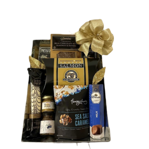 Couverture hamper comprises Donini Couverture chocolate with Raisins and Almonds, 2 x Partners Olive Oil and sea salt cracker packs, Salmon, Be Bop Biscotti Hazelnut flavor shown, & other things
