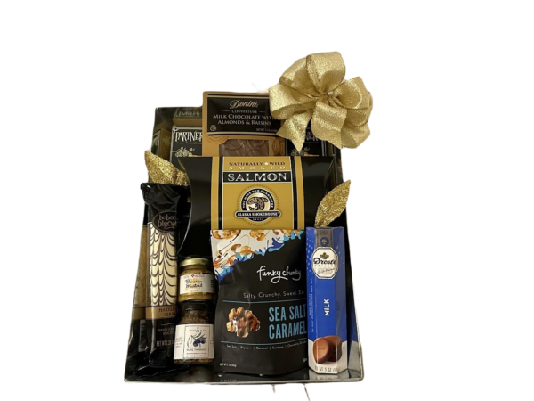 Couverture hamper comprises Donini Couverture chocolate with Raisins and Almonds, 2 x Partners Olive Oil and sea salt cracker packs, Salmon, Be Bop Biscotti Hazelnut flavor shown, & other things