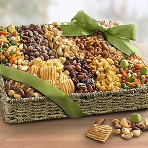 Deluxe Savory Snack Basket includes toffee butter peanuts, spicy trail mix, rice cracker mix, mixed nuts, cashews, almonds, pistachios in shell & other things