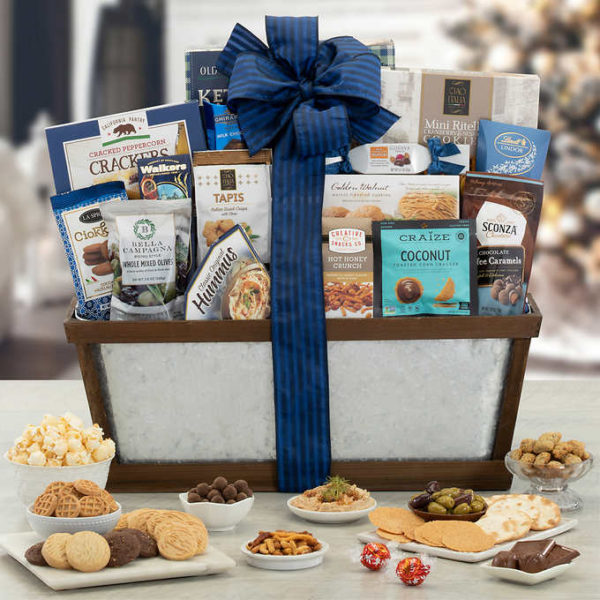 Gourmet Holiday Crate with cookies, chocolates, truffles, popcorn, caramels & other things in it