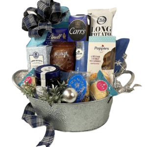 Highland Fling hamper with chocolate bars, chips, cookies, nut cashews & more