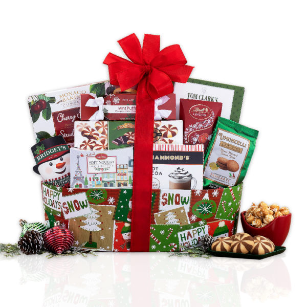 Holiday Wishes Gift Basket with chocolate truffles, popcorn, cookies, mint puffs & more