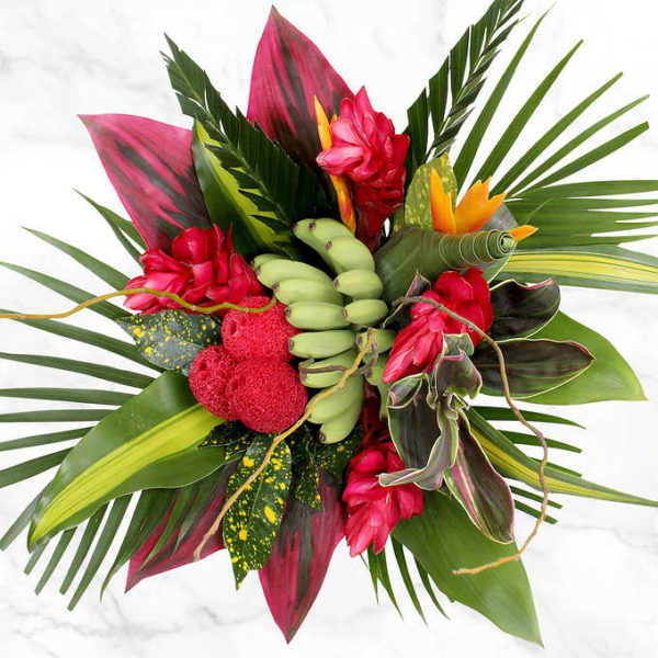 Island Breeze Bouquet with unique tropical varieties such as ginger, heliconia, loafs, and even a bunch of bananas