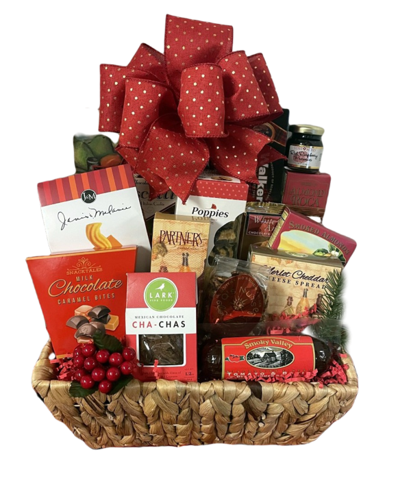 Joyful Season hamper with wafer, smoked almonds, caramels, cookie pack, cheese spread & more