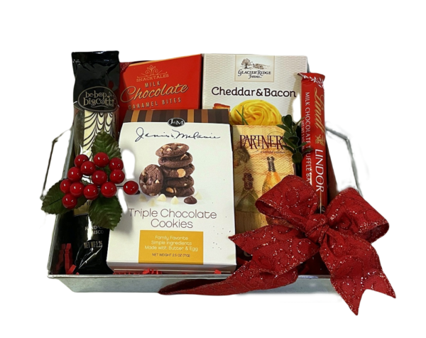 Seasonal Tin gift hamper with chocolate caramels, cheese spread, chocolate sticks, chocolate chip cookies & more