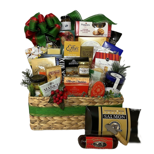 Seasonal Extravaganza gift hamper with cheese bars, cheese spread, oatcakes, tea sachets, chocolate bar, toffees, caramels & more