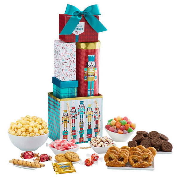 Season’s Greeting Gift Towe hamper with candy, chocolate ball, biscuits, truffles, popcorn & more