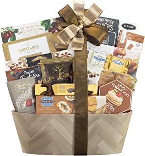 Sympathy Basket gift hamper with baked crackers, cheese spread, truffle, popcorn, olives, caramels, biscuits & more