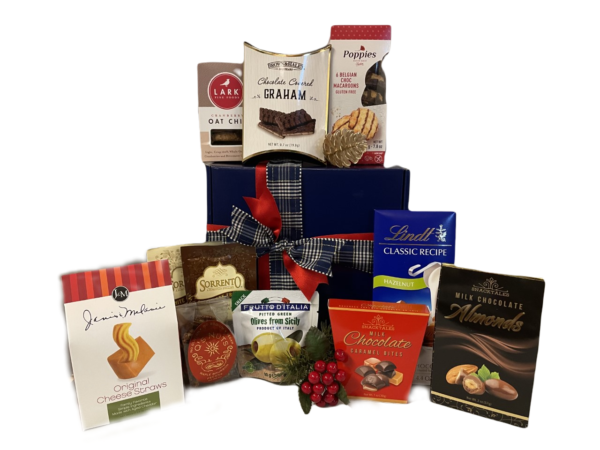 Traditions gift hamper with oat cookies, chocolate bar, caramels, chocolate covered almond & more