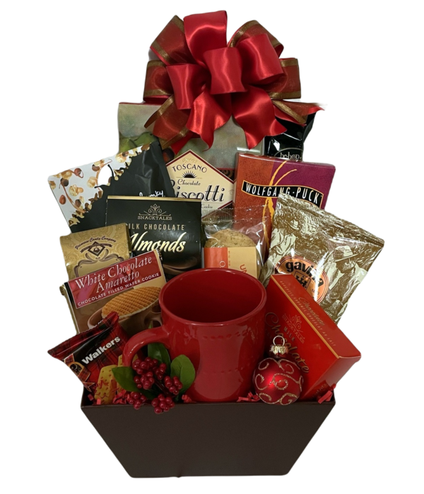 Xmas Coffee gift hamper with coffee mug, wafer, caramels, toffees, popcorn, cookies & more