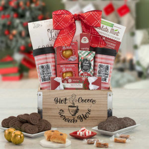 Happy Holiday’s Hot Cocoa Crate with caramels, cookies, mint puffs, pastries, travel mug & more