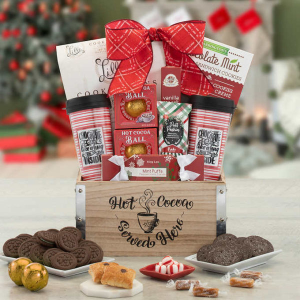 Happy Holiday’s Hot Cocoa Crate with caramels, cookies, mint puffs, pastries, travel mug & more